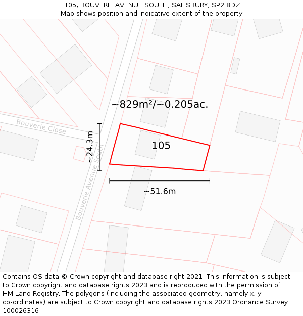 105, BOUVERIE AVENUE SOUTH, SALISBURY, SP2 8DZ: Plot and title map