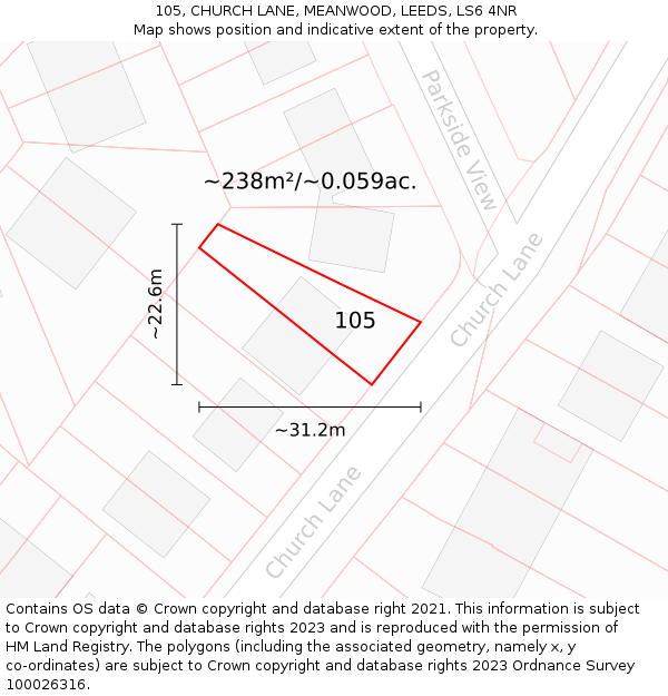 105, CHURCH LANE, MEANWOOD, LEEDS, LS6 4NR: Plot and title map