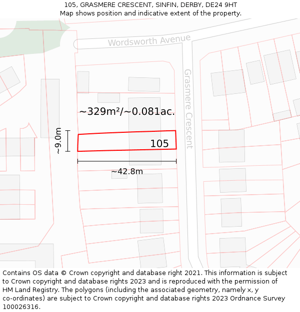 105, GRASMERE CRESCENT, SINFIN, DERBY, DE24 9HT: Plot and title map