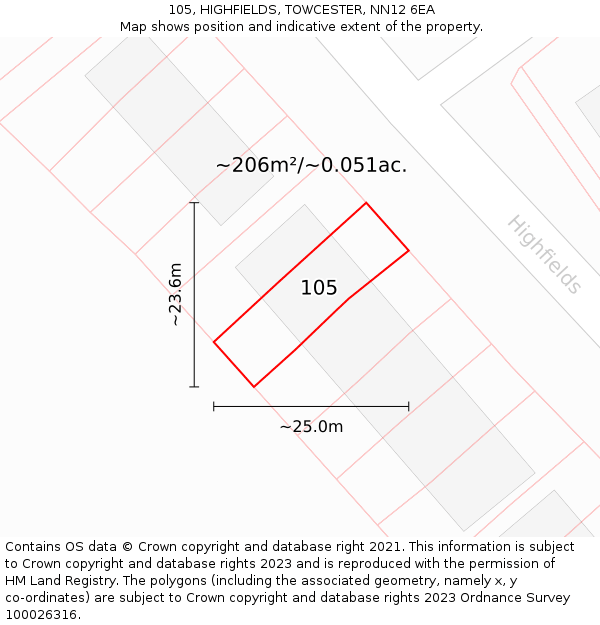 105, HIGHFIELDS, TOWCESTER, NN12 6EA: Plot and title map
