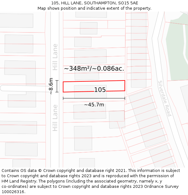 105, HILL LANE, SOUTHAMPTON, SO15 5AE: Plot and title map