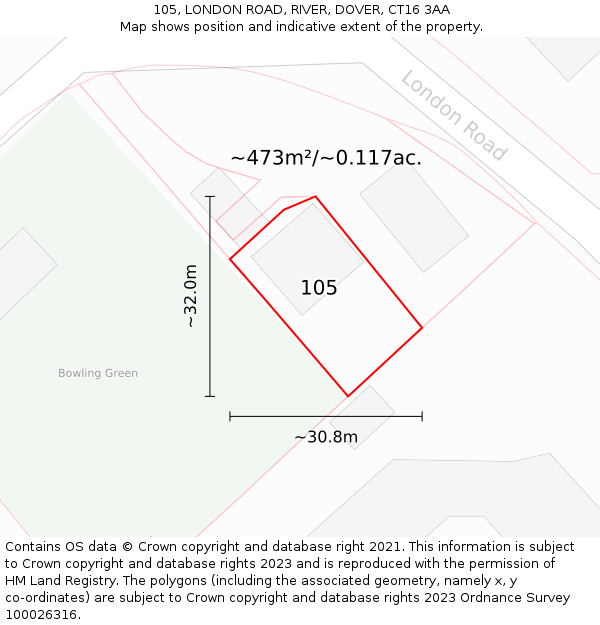 105, LONDON ROAD, RIVER, DOVER, CT16 3AA: Plot and title map