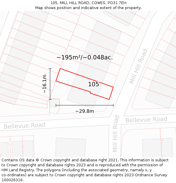 105, MILL HILL ROAD, COWES, PO31 7EH: Plot and title map