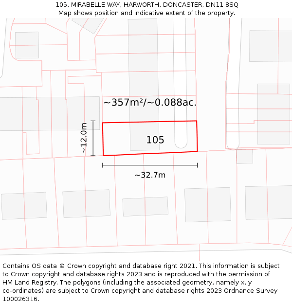 105, MIRABELLE WAY, HARWORTH, DONCASTER, DN11 8SQ: Plot and title map