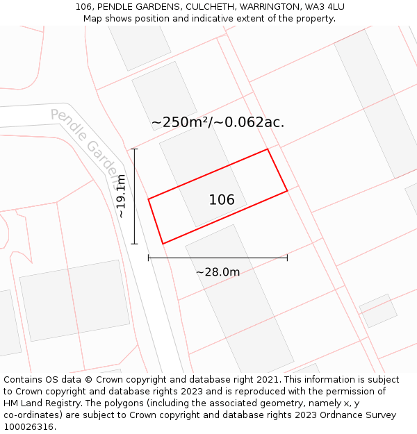 106, PENDLE GARDENS, CULCHETH, WARRINGTON, WA3 4LU: Plot and title map
