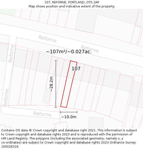 107, REFORNE, PORTLAND, DT5 2AP: Plot and title map