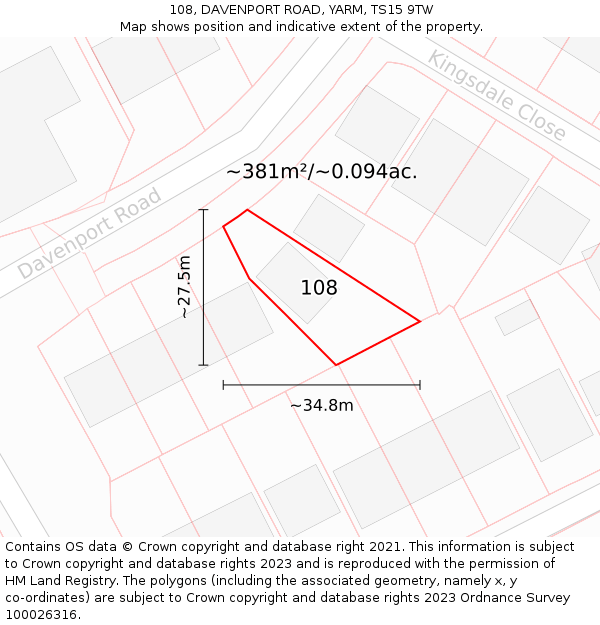 108, DAVENPORT ROAD, YARM, TS15 9TW: Plot and title map