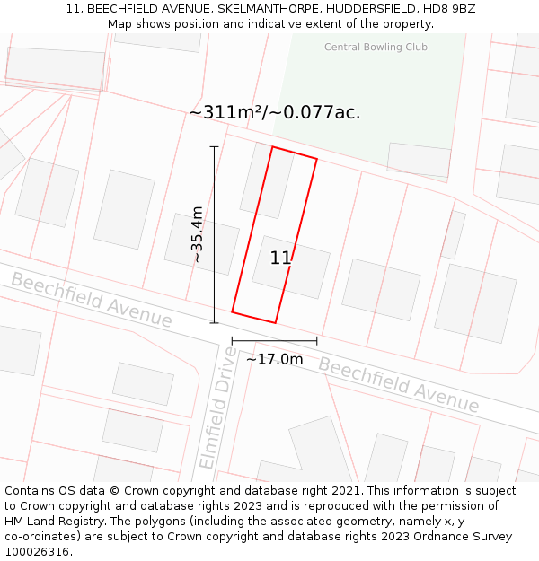 11, BEECHFIELD AVENUE, SKELMANTHORPE, HUDDERSFIELD, HD8 9BZ: Plot and title map