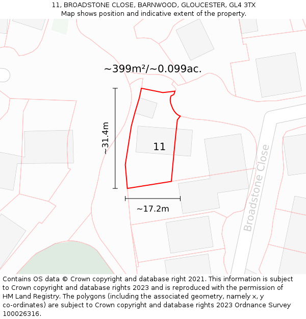 11, BROADSTONE CLOSE, BARNWOOD, GLOUCESTER, GL4 3TX: Plot and title map