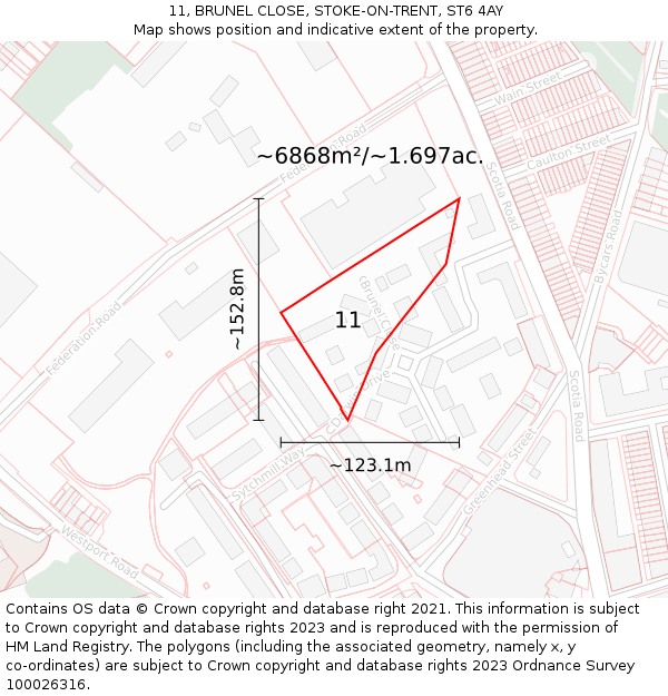 11, BRUNEL CLOSE, STOKE-ON-TRENT, ST6 4AY: Plot and title map