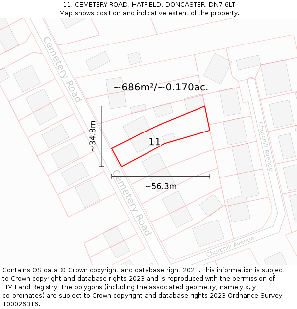 11, CEMETERY ROAD, HATFIELD, DONCASTER, DN7 6LT: Plot and title map