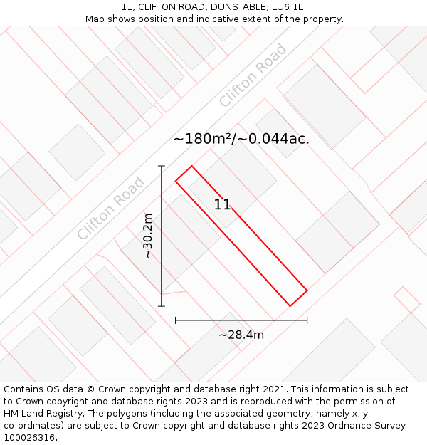 11, CLIFTON ROAD, DUNSTABLE, LU6 1LT: Plot and title map