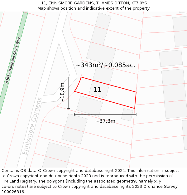 11, ENNISMORE GARDENS, THAMES DITTON, KT7 0YS: Plot and title map