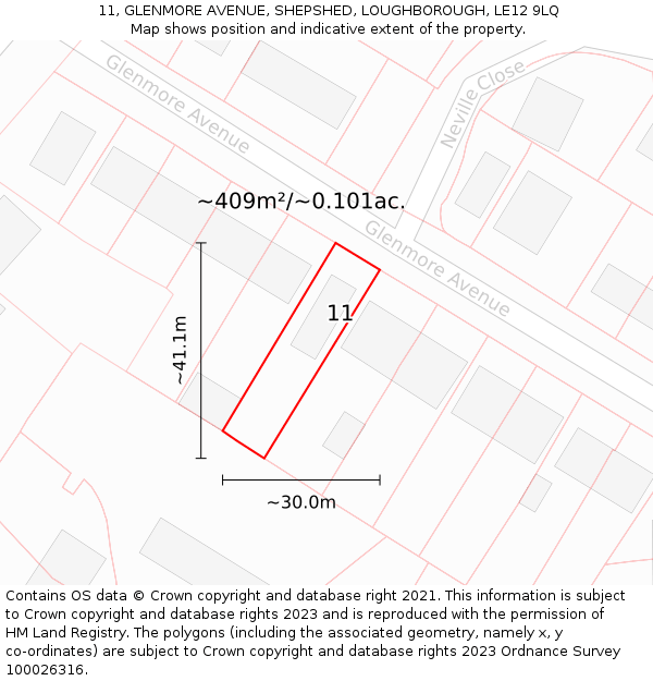 11, GLENMORE AVENUE, SHEPSHED, LOUGHBOROUGH, LE12 9LQ: Plot and title map