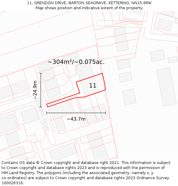 11, GRENDON DRIVE, BARTON SEAGRAVE, KETTERING, NN15 6RW: Plot and title map