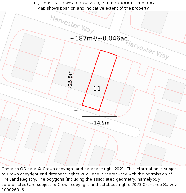 11, HARVESTER WAY, CROWLAND, PETERBOROUGH, PE6 0DG: Plot and title map
