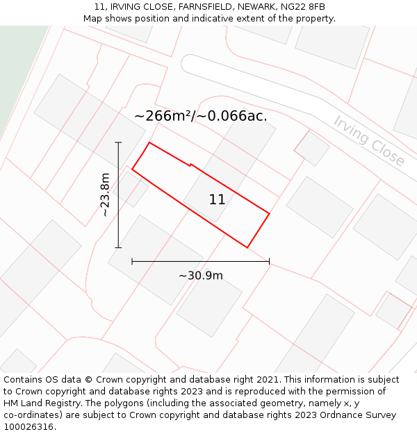 11, IRVING CLOSE, FARNSFIELD, NEWARK, NG22 8FB: Plot and title map