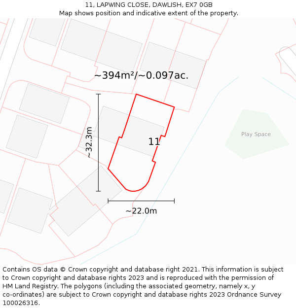 11, LAPWING CLOSE, DAWLISH, EX7 0GB: Plot and title map