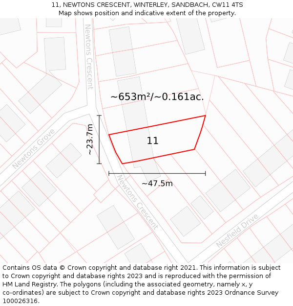 11, NEWTONS CRESCENT, WINTERLEY, SANDBACH, CW11 4TS: Plot and title map