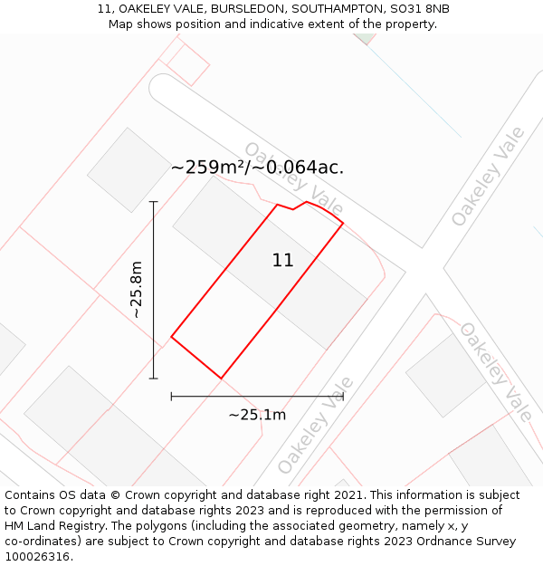 11, OAKELEY VALE, BURSLEDON, SOUTHAMPTON, SO31 8NB: Plot and title map