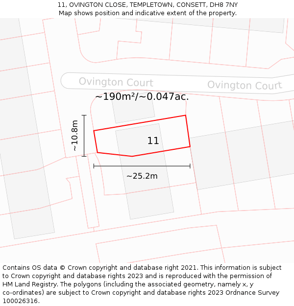 11, OVINGTON CLOSE, TEMPLETOWN, CONSETT, DH8 7NY: Plot and title map