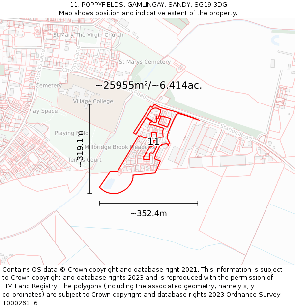 11, POPPYFIELDS, GAMLINGAY, SANDY, SG19 3DG: Plot and title map