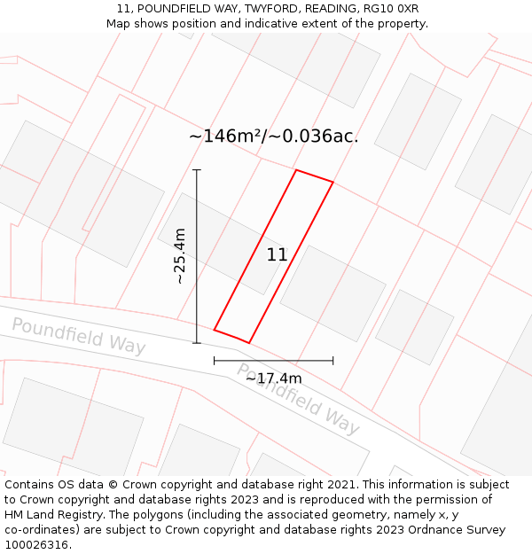 11, POUNDFIELD WAY, TWYFORD, READING, RG10 0XR: Plot and title map