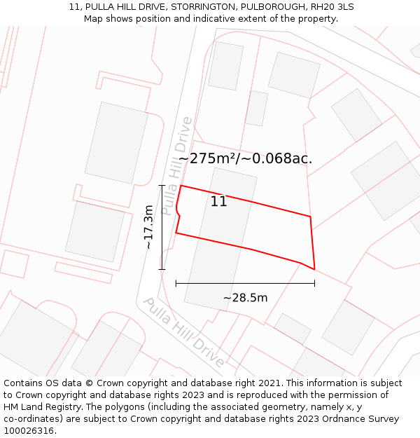 11, PULLA HILL DRIVE, STORRINGTON, PULBOROUGH, RH20 3LS: Plot and title map