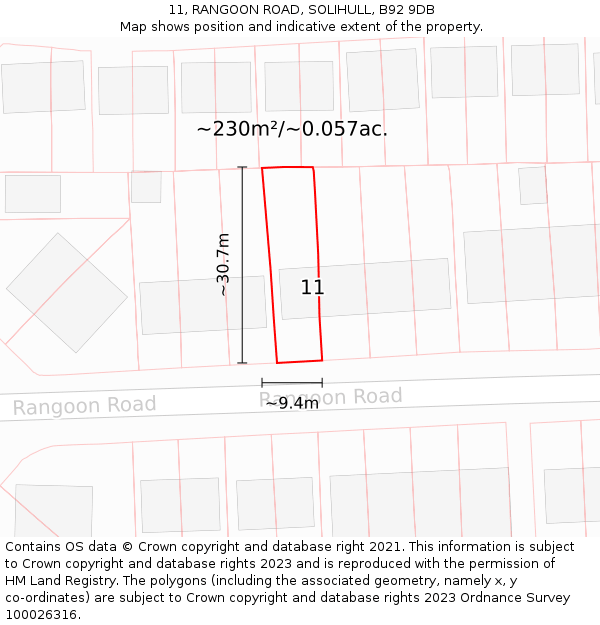 11, RANGOON ROAD, SOLIHULL, B92 9DB: Plot and title map