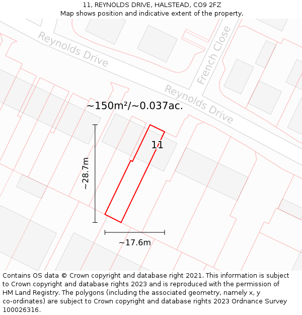 11, REYNOLDS DRIVE, HALSTEAD, CO9 2FZ: Plot and title map