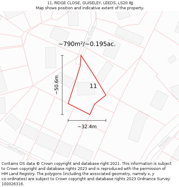 11, RIDGE CLOSE, GUISELEY, LEEDS, LS20 8JJ: Plot and title map