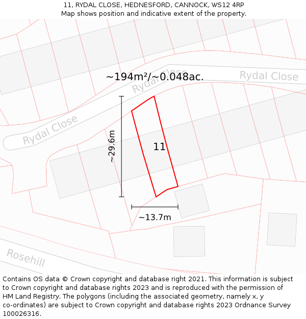 11, RYDAL CLOSE, HEDNESFORD, CANNOCK, WS12 4RP: Plot and title map