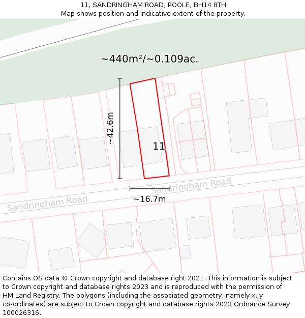 11, SANDRINGHAM ROAD, POOLE, BH14 8TH: Plot and title map