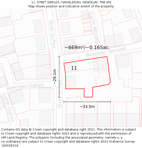 11, STRET GRIFLES, NANSLEDAN, NEWQUAY, TR8 4FE: Plot and title map
