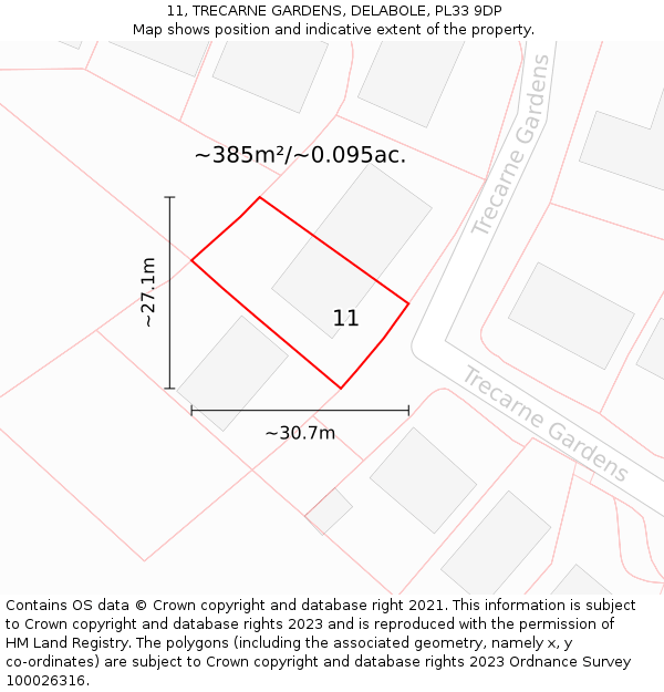 11, TRECARNE GARDENS, DELABOLE, PL33 9DP: Plot and title map