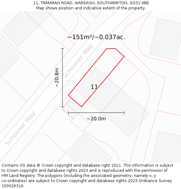 11, TRIMARAN ROAD, WARSASH, SOUTHAMPTON, SO31 9BE: Plot and title map