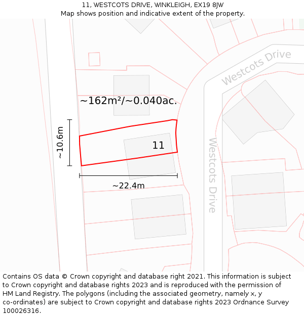 11, WESTCOTS DRIVE, WINKLEIGH, EX19 8JW: Plot and title map