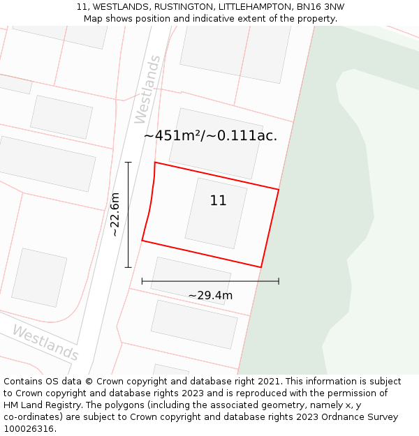 11, WESTLANDS, RUSTINGTON, LITTLEHAMPTON, BN16 3NW: Plot and title map