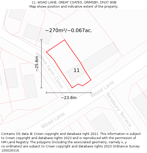 11, WOAD LANE, GREAT COATES, GRIMSBY, DN37 9NB: Plot and title map