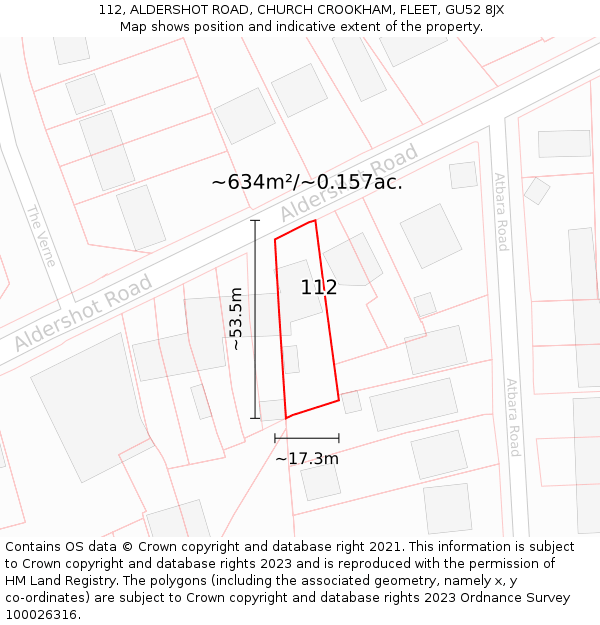 112, ALDERSHOT ROAD, CHURCH CROOKHAM, FLEET, GU52 8JX: Plot and title map