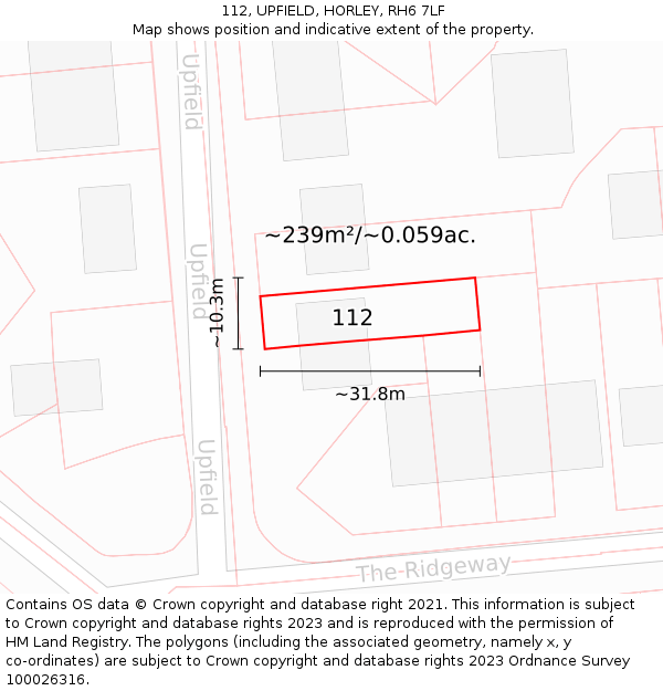 112, UPFIELD, HORLEY, RH6 7LF: Plot and title map