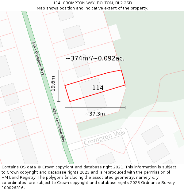 114, CROMPTON WAY, BOLTON, BL2 2SB: Plot and title map