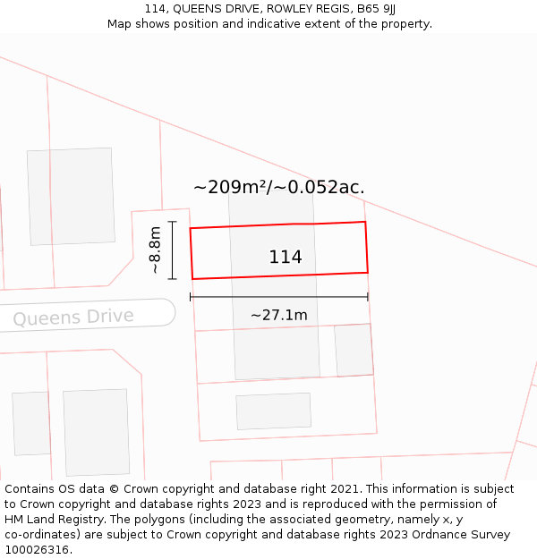 114, QUEENS DRIVE, ROWLEY REGIS, B65 9JJ: Plot and title map