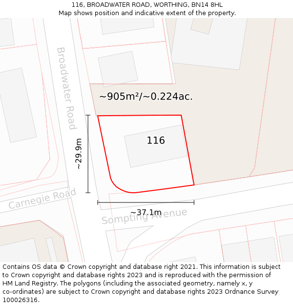 116, BROADWATER ROAD, WORTHING, BN14 8HL: Plot and title map