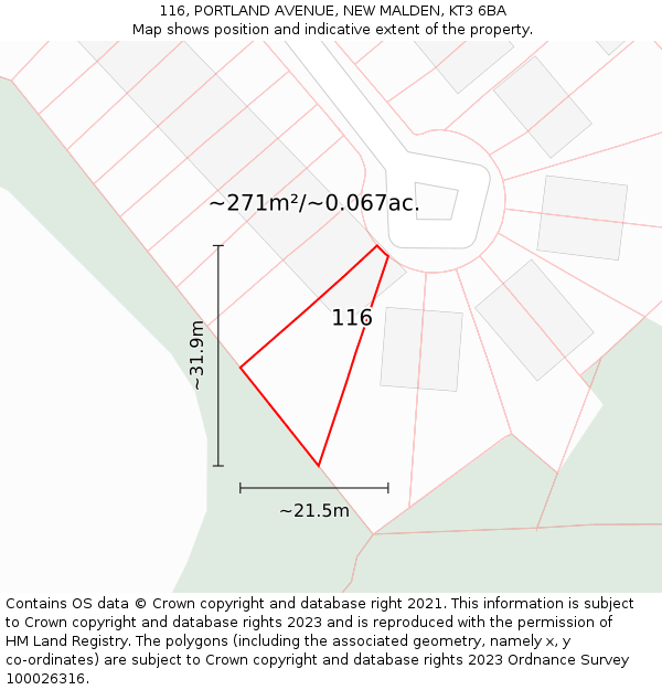 116, PORTLAND AVENUE, NEW MALDEN, KT3 6BA: Plot and title map