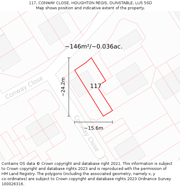 117, CONWAY CLOSE, HOUGHTON REGIS, DUNSTABLE, LU5 5SD: Plot and title map