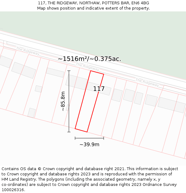 117, THE RIDGEWAY, NORTHAW, POTTERS BAR, EN6 4BG: Plot and title map