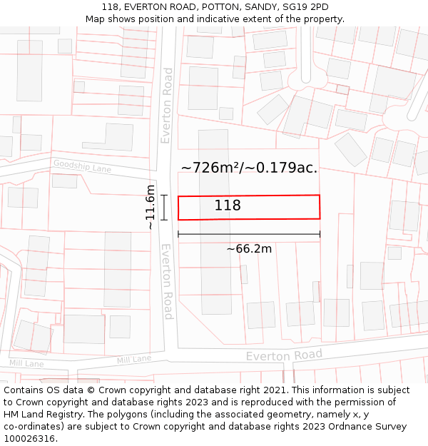 118, EVERTON ROAD, POTTON, SANDY, SG19 2PD: Plot and title map