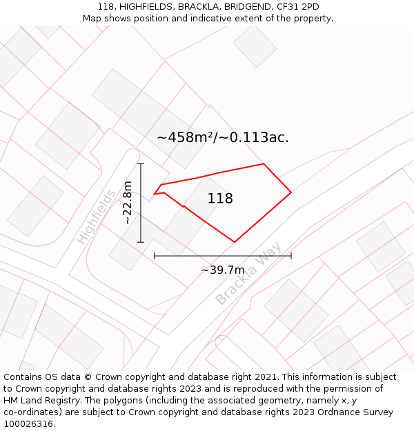 118, HIGHFIELDS, BRACKLA, BRIDGEND, CF31 2PD: Plot and title map