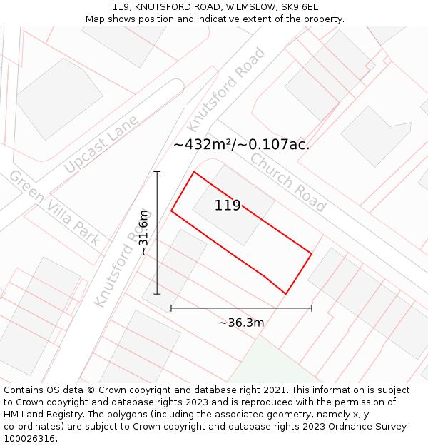 119, KNUTSFORD ROAD, WILMSLOW, SK9 6EL: Plot and title map